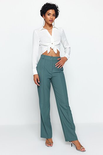 Trendyol Collection Dark Green Straight Cut High Waist Ribbed Stitched Woven Trousers TWOSS21PL0093