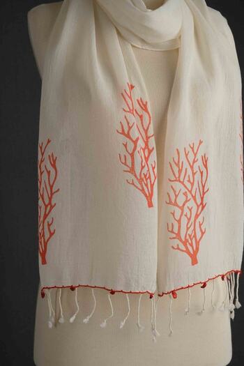 Dosimira Hand Painted Stone Print Thin Coral Cotton Scarf - Red