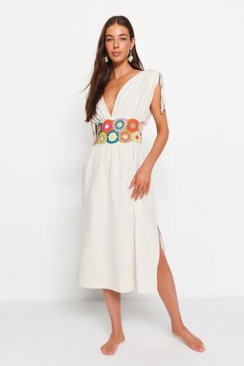 Trendyol Collection Beige Maxi Beach Dress with Woven Stripe Accessories TBESS23EL00331