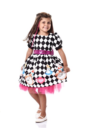 EYLÜL ELİF BUTİK Κοριτσίστικο λευκό μαύρο φόρεμα Alice In Wonderland