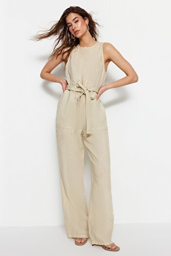 Trendyol Collection Beige Linen Belted Denim Jumpsuit