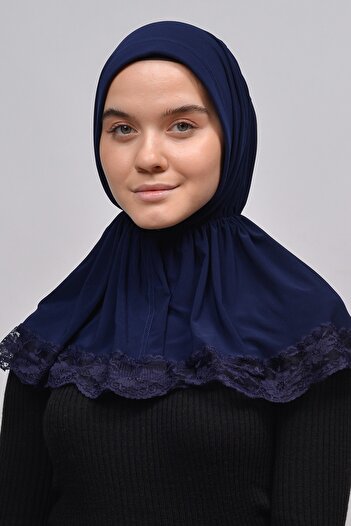 Altobeh Lacy Rubber Drawstring Interlining Banded Snap Fastener Ready Turban Practical Scarf-navy blue