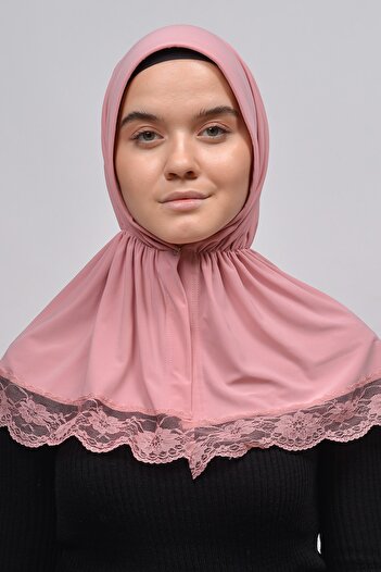 Altobeh Lacy Rubber Drawstring Interlining Banded Snap Fastener Ready Turban Practical Scarf-pink