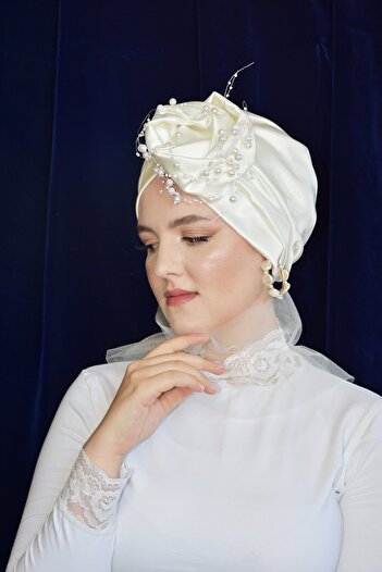 ARTİZİA Pearl Embroidered Rose Detailed Non-Filled Muslim Bridal Bonnet, Ready Shawl Turban and Veil Tulle