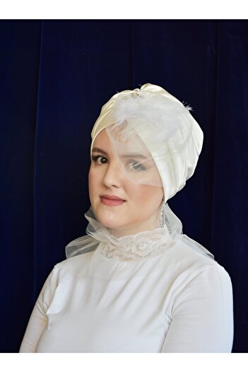 ARTİZİA Non-Padded Muslim Bridal Bonnet with Feather and Voilet Detail, Ready Turban, Shawl, Bridal Head and Veil Tulle