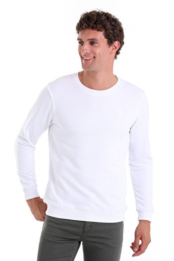 Hatemoğlu Beyaz Regular Fit Düz Pamuklu Bisiklet Yaka Sweatshirt