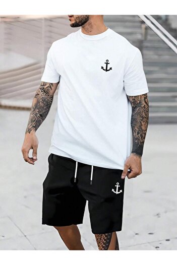 Revasser Unisex ANCHOR Προσαρμοσμένο εμπριμέ μπλουζάκι μεγάλου μεγέθους, χτενισμένο βαμβακερό σορτς