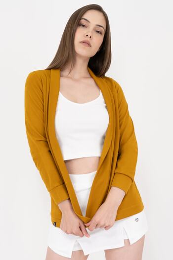 Soyo Women's Mustard Knitted Buttonless Viscose Shawl Collar Jacket
