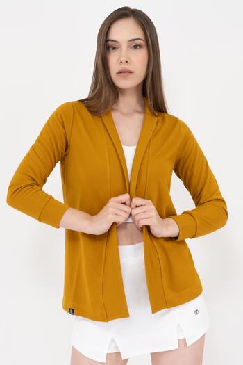 Soyo Women's Mustard Knitted Buttonless Viscose Shawl Collar Jacket