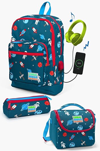 Coral High Kids Indigo Red Space Patterned 3-Piece School Bag Set with USB SET0123290
