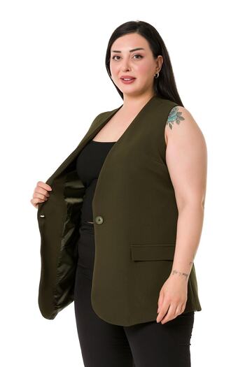 DISENTIS MODEST Large Size Single Button Ornamental Pocket Cover Khaki Lined Vest
