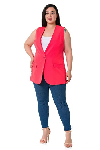 DISENTIS MODEST Large Size Single Button Coral Lined Vest with Ornamental Pocket Cover