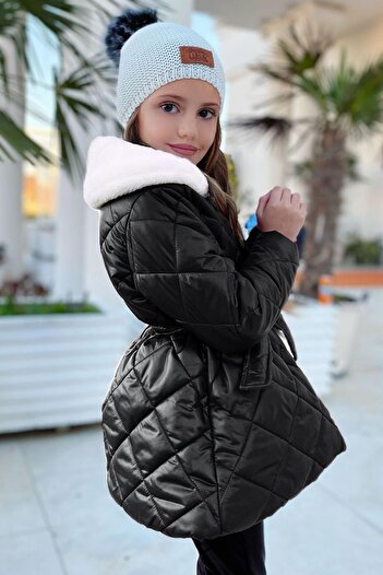 Riccotarz Girl's Fur Collar, Plush Bag, Quilted Black Coat