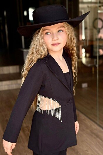 Riccotarz Girl's Low-cut Waist and Back and Fringed Blazer, Jacket, Crop and Trousers, Black Bottom-Top Set