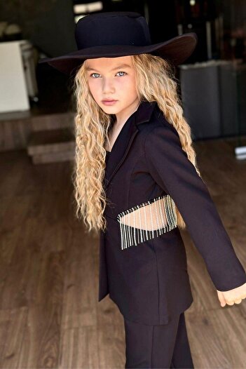 Riccotarz Girl's Low-cut Waist and Back and Fringed Blazer, Jacket, Crop and Trousers, Black Bottom-Top Set