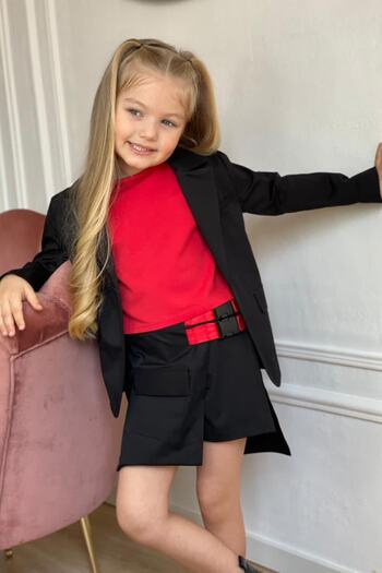 Riccotarz Girl's Red Skirt Suit with Zero Sleeve Blouse and Double Belt Detail