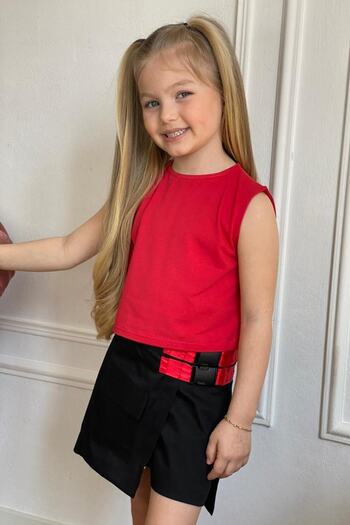 Riccotarz Girl's Red Skirt Suit with Zero Sleeve Blouse and Double Belt Detail