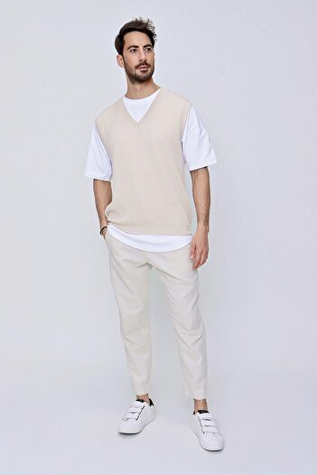 CHUBA Men's V-Neck Cotton Knitwear Sweater Beige