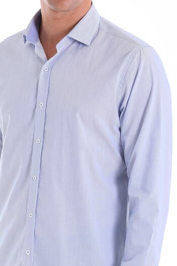 Hatemoğlu Μπλε Comfort Fit ριγέ 100% βαμβακερό μακρυμάνικο πουκάμισο με λεπτό γιακά