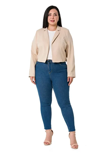 DISENTIS MODEST Large Size Padded Unlined Short Beige Jacket with Ornamental Pockets
