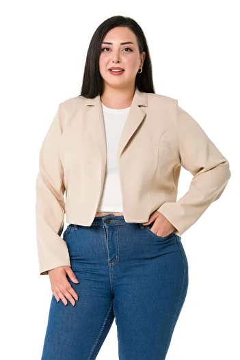 DISENTIS MODEST Large Size Padded Unlined Short Beige Jacket with Ornamental Pockets