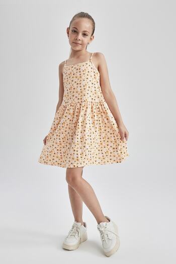 DeFacto Girl's Floral Strap Cotton Combed Dress