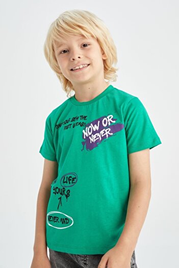 DeFacto Βαμβακερό μπλουζάκι με κοντό μανίκι Boy's Regular Fit με στάμπα με λαιμόκοψη