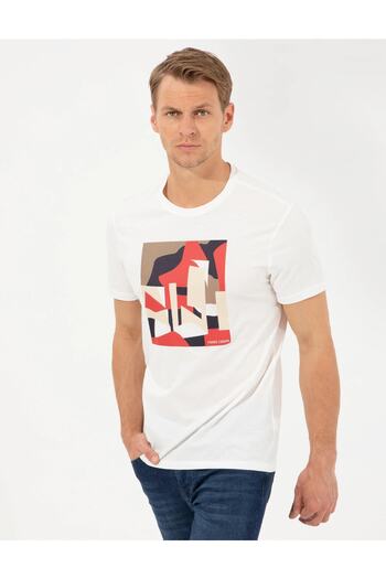 Pierre Cardin Ανδρικό μπλουζάκι με στάμπα Ecru Slim Fit Crew Neck