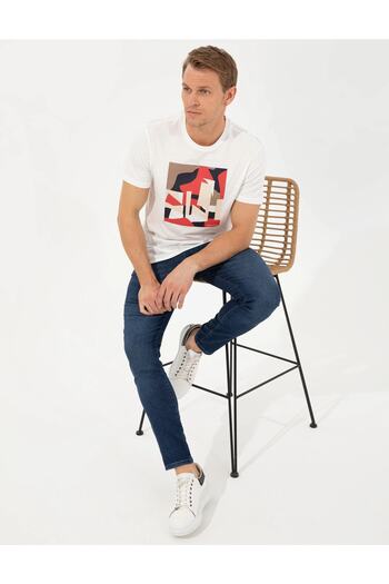 Pierre Cardin Ανδρικό μπλουζάκι με στάμπα Ecru Slim Fit Crew Neck