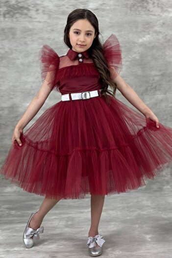 Riccotarz Girl's Shirt Collar Chest and Sleeves Tulle Detailed Wednesday Claret Red Dress