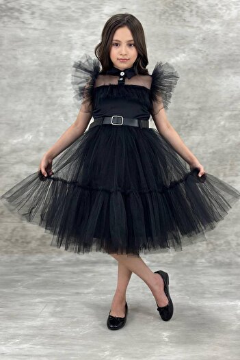 Riccotarz Girl's Shirt Collar Chest and Sleeves Tulle Detailed Wednesday Black Dress