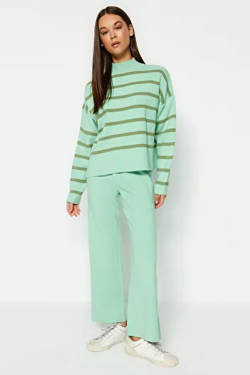Trendyol Collection Striped Knitwear Top and Bottom Set with Green Trousers TWOAW24AU00045