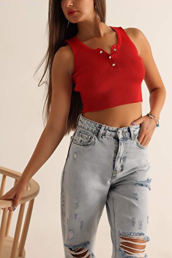 HOBİLAYFSANAT RED FENCE FENCE CROP TRICOT BLUZ
