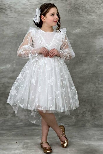 Riccotarz Girl's Butterfly Patterned White Dress with Transparent Detail and Tail
