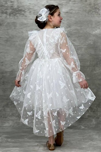 Riccotarz Girl's Butterfly Patterned White Dress with Transparent Detail and Tail