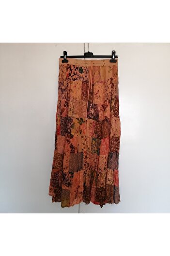 Butik Tülin Otantik viskoz peçvörk somon çok renk desenli nakışlı astarlı lastikli bağcıklı uzun etek Hint Malı