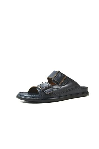 Onlo Ayakkabı 502-3 Genuine Leather Black & Navy Blue Adjustable Women's Slippers with Orthopedic Buckle