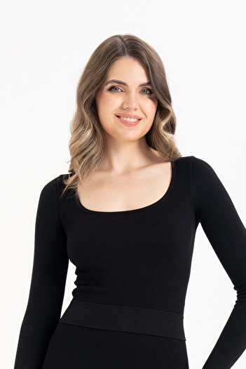Formeasy Women's Seamless Knitted Corded Long Sleeve Square Neck Crop Blouse 9010