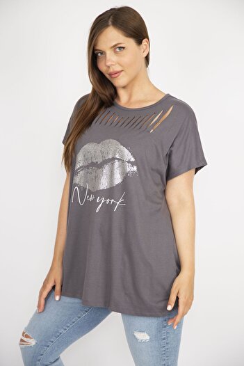 Şans Women's Smoked Large Size Laser Cut and Lacquer Print Detailed Low Sleeve Comfortable Cut Blouse 65n36594