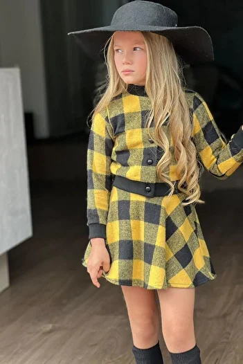 Riccotarz Girl's Hat and Square Patterned Yellow Skirt Suit Age 3-12