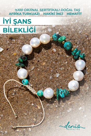 Deniz Doğal Taş Good Luck Bracelet - Certified Natural Stone, African Turquoise, Pearl, Hematite