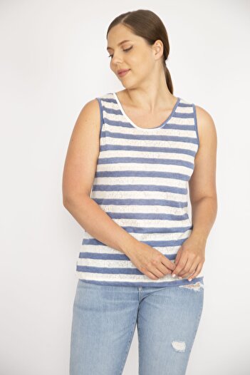 Şans Women's Indigo Large Size Crew Neck Sleeveless Striped Blouse 65n36531