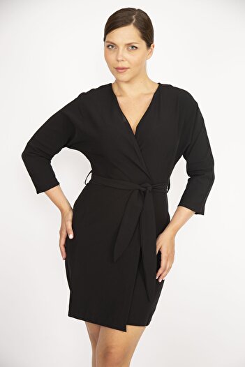 Şans Women's Black Large Size Wrapped Collar Closed Wrap Dress 65n36527