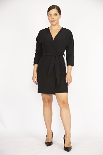 Şans Women's Black Large Size Wrapped Collar Closed Wrap Dress 65n36527