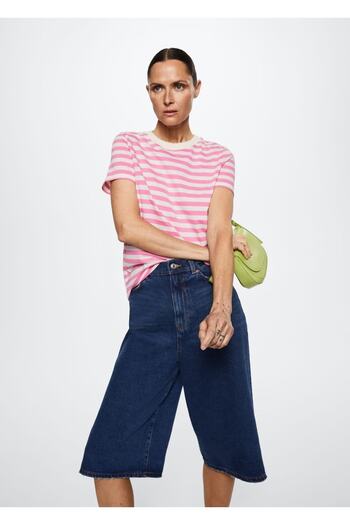 MANGO Woman Βαμβακερό ριγέ μπλουζάκι