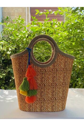 çanta tasarımcısı Jute Knitted Straw Tasseled Beach Bag