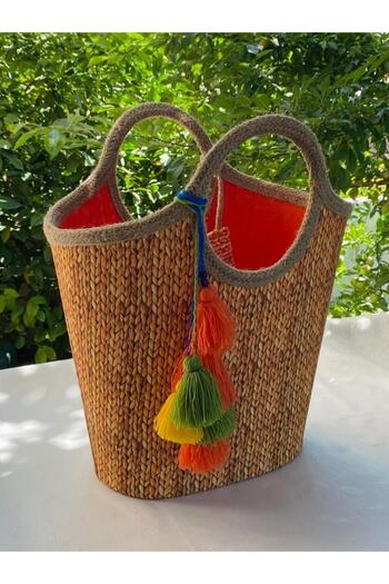 çanta tasarımcısı Jute Knitted Straw Tasseled Beach Bag