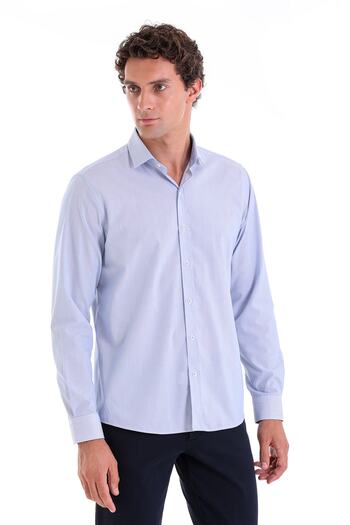 Hatemoğlu Μπλε Comfort Fit ριγέ 100% βαμβακερό μακρυμάνικο πουκάμισο με λεπτό γιακά