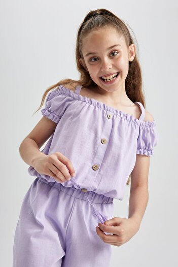 DeFacto Girl's Sleeveless Linen Look Short Sleeve Blouse