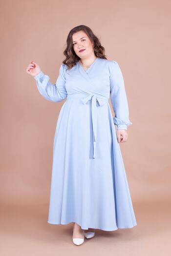 NO48 Rochie de mărime mare, lungă, cu mâneci lungi, cu nasturi și manșete cu nasturi, cu curea, în albastru bebeluș